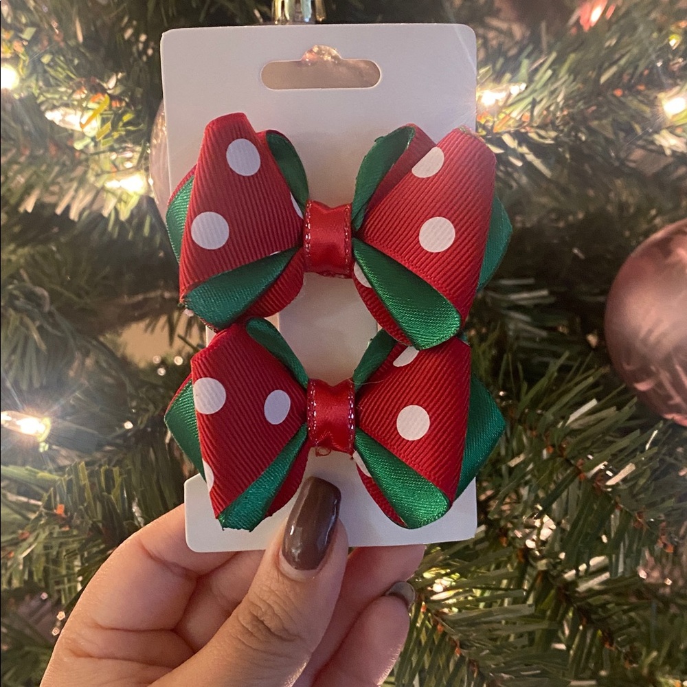 Hand crafted  Red and Green Polka Dot Hair Bow Set
